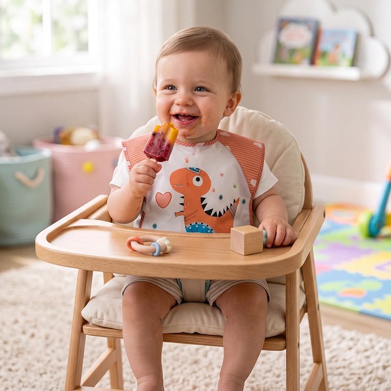 Bavoir bébé blanc animé. Bébé mange.