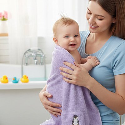 Serviette de bain bébé mauve Maman tient bébé contre sa poitrine.