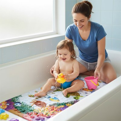 Tapis de bain pour bébé et maman heureux