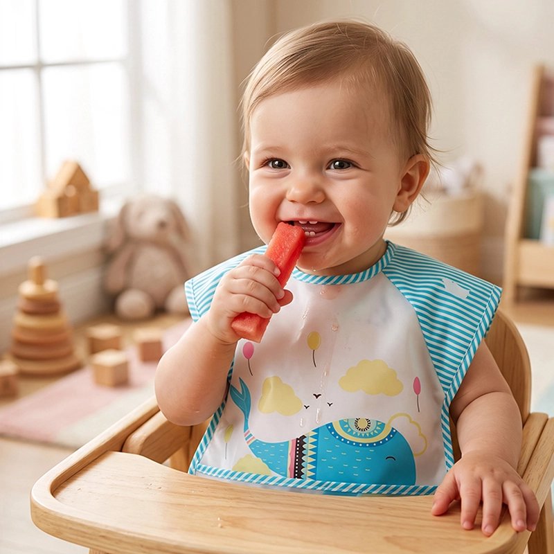 Bavoir bébé blanc et bleu. bébé mange