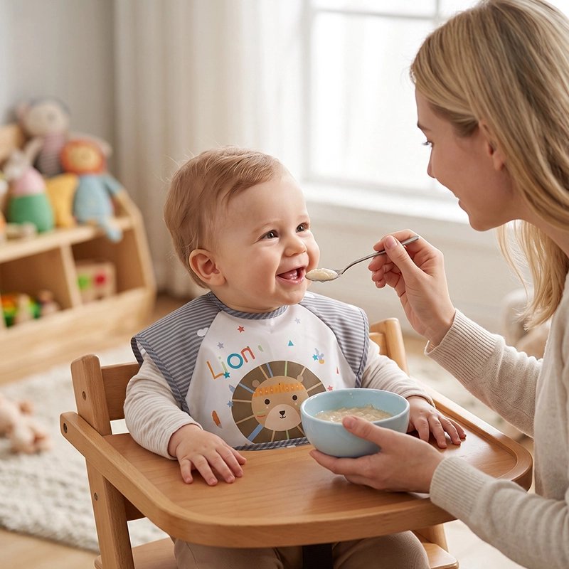 Bavoir bébé blanc gris. Maman nourrit bébé