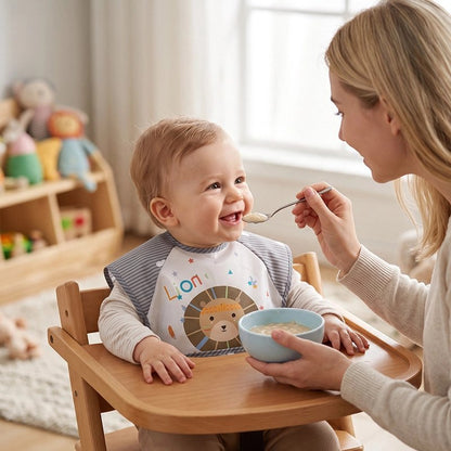 Bavoir bébé blanc gris. Maman nourrit bébé