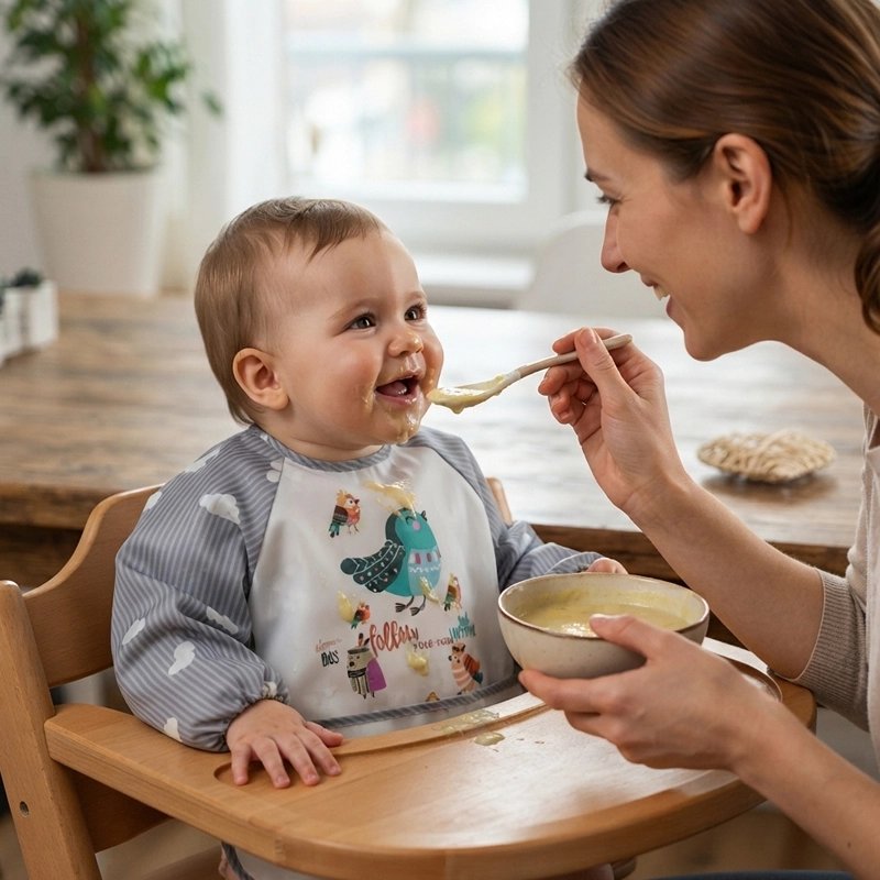 Bavoir bébé gris . Maman nourrit bébé.