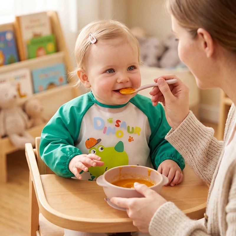 Bavoir bébé vert maman nourrit bébé