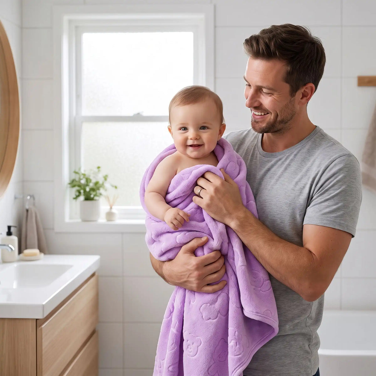 bNéné dans les bras de papa dans sa serviette mauve.