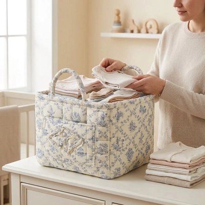 Panier rangement bébé blanc fleuri