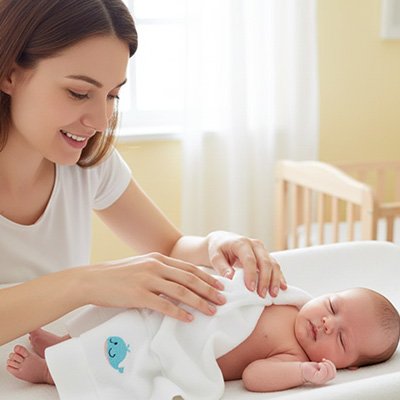 Serviette de bain bébé  blanche qui absorbe l.eau sur le corps de bébé