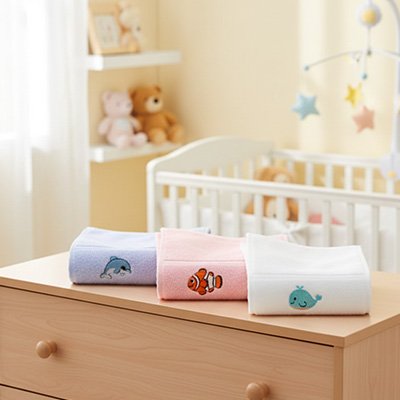 Serviette de bain bébé blanches,roses et bleu moelleuses et douces