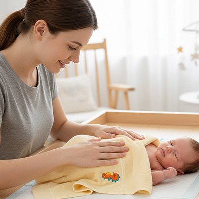 Serviette de bain bébé jaune  Maman essuie le corps de bébé.