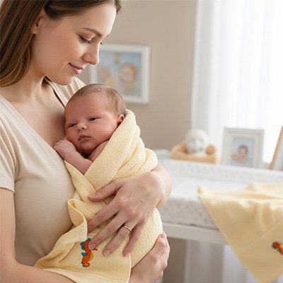 Serviette de bain bébé jaune maman tient bébé dans ses bras