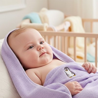 Serviette de bain bébé mauve sur bébé couché dans son berceau.