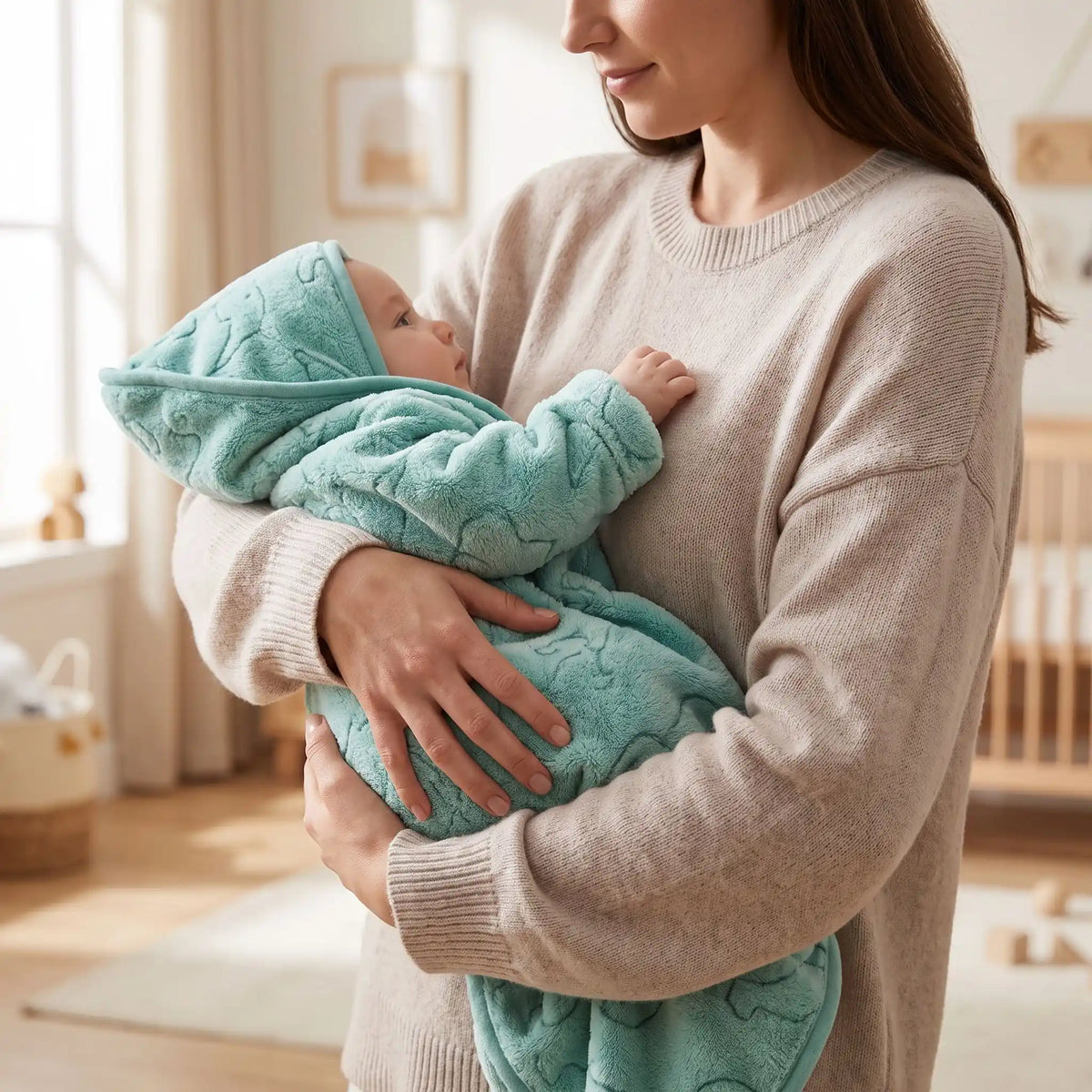 maman enveloppe bébé apres le bain dans une serviette ,