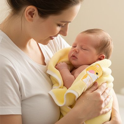 bebe blotit contre maman dans une serviette confortable